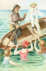 Ein Matrose rudert ein Boot, während Badegäste an der Seite des Bootes ziehen