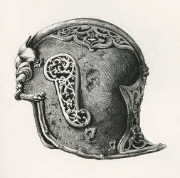 Ein Sallet, auch bekannt als Salade oder Schaller-Kriegshelm, ca. 1450 n. Chr., aus The British Army: Its Origins, Progress and Equipment, veröffentlicht 1868.