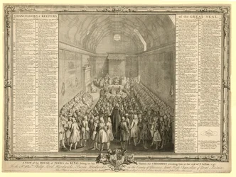 Eine Ansicht des House of Peers, der König sitzt auf seinem Thron, die Commons besuchen ihn am Ende der Sitzung 17412