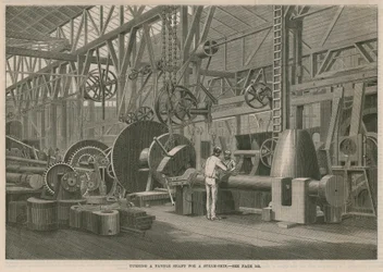 Ein Besuch in der Penns Marine Engine Fabrik in Greenwich, London; Drehen einer Schaufelwelle für ein Dampfschiff