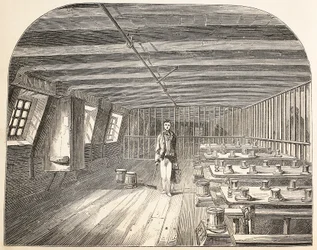 Ein Saal an Bord der Defence-Hulk, vorbereitet für die Rückkehr der Gefangenen zum Abendessen, Illustration aus The Criminal Prisons of London and Scenes from Prison Life von Henry Mayhew und John Binny, veröffentlicht 1862