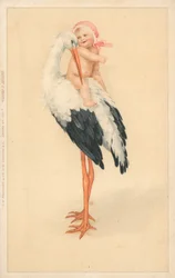 Ein kleines Kind reitet auf dem Rücken eines Storches