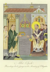 Abt Elfnoth überreicht ein Gebetbuch an das Kloster St. Augustine
