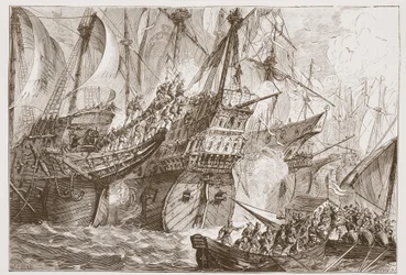 Kampf zwischen der spanischen Flotte und den Schiffen der Wassergeusen, Illustration aus The History of Protestantism von James Aitken Wylie, veröffentlicht 1878