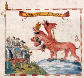 Parlamentarische Soldaten greifen das Tier der Apokalypse an, aus 