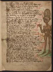 Randbild eines grinsenden Skeletts, das winkt und einen hohen Hut trägt, Illustration zu 