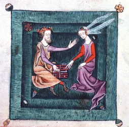 Ein König und eine Dame sitzen in einem Garten und spielen ein Brettspiel, das Backgammon ähnelt, aus dem Luttrell Psalter, begonnen vor 1340 für Sir Geoffrey Luttrell