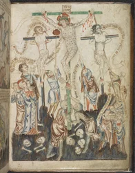 Add. 47682, f.32, Die Kreuzigung, aus Holkham Bible Picture Book, ca. 1320-30