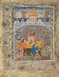 Sieben Öfen mit Destillierapparaten, die von zwei Männern bedient werden, unter einem Dach mit Kuppel und Schornsteinen, ca. 1477