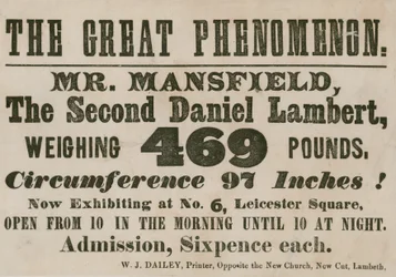 Werbung für einen Auftritt von Mr. Mansfield, einem zweiten Daniel Lambert, der 469 Pfund wiegt