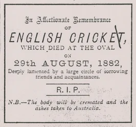 Anzeige aus dem Sporting Times im August 1882, die das Konzept der The Ashes einführte