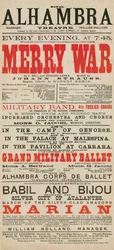 Anzeige für das Royal Alhambra Theatre, mit Merry War von F. Bell und Richard Genee mit Musik von Johann Strauss