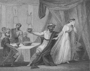 Alboin, König der Langobarden, fordert seine Frau Rosamund auf, aus seinem Lieblingsbecher zu trinken, der aus dem Schädel ihres Vaters Cunimund, König der Gepiden, gemacht ist