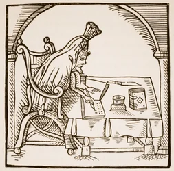 Allegorisches Bild von Robert Green in seinem Leichentuch, aus Greene in Conceipt von John Dickenson, 1598 (Sepia-Foto)