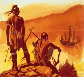 Indianer betrachten das Schiff der Eindringlinge