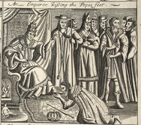 Ein Kaiser küsst die Füße des Papstes, Illustration aus Acts and Monuments von John Foxe, neunte Ausgabe, veröffentlicht 1684