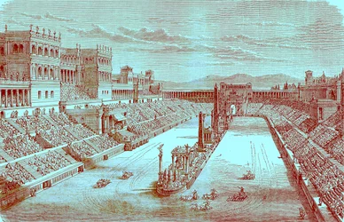 Antikes Arena wiederhergestellt - Darstellung eines Wagenrennens, Illustration aus Die illustrierte Geschichte der Welt, veröffentlicht um 1880 (digital verbessert)