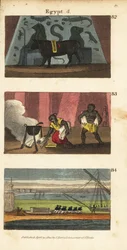 Antike ägyptische Götzenfigur Osiris als Ochse, Omar der Sarazene verbrennt die Bibliothek von Ptolemaios Soter im Jahr 642 und Napoleons Truppen bringen das Grab Alexanders weg