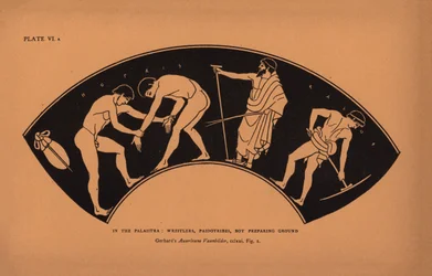Antike griechische Erziehung: In der Palaistra, Ringer, Paidotribes, Junge bereitet den Boden vor (Lithografie)
