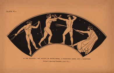 Antike griechische Bildung: In der Palaistra: Junge zieht Boxriemen an, eine Pankration-Lektion und ein Paidotribes