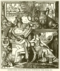 Antike griechische Möbel, Musikinstrumente, Vasen, Masken usw. (Stich)