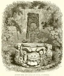 Alter Götze und Altar in Copan, Guatemala