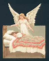 Engel wacht über schlafendes Mädchen im Bett, viktorianischer Ausschnitt