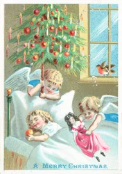 Engel beobachten Kind im Bett, Weihnachtskarte