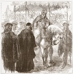 Erzbischof Arundel in Oxford, Illustration aus Die Geschichte des Protestantismus von James Aitken Wylie, veröffentlicht 1878
