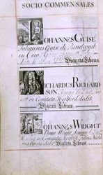 Archiv 3693 f.60v Seite mit der Auflistung von drei Wohltätern des New College, Oxford; Johannes Guise, Richardus Richardson und Johannes Wright, aus einem Wohltätigkeitsbuch, 16812-84