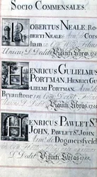 Archiv 3693 f.95 Seite mit der Auflistung von drei Wohltätern des New College, Oxford; Robertus Neale, Henricus Gulislmus Portman und Henricus Pawlet St. John