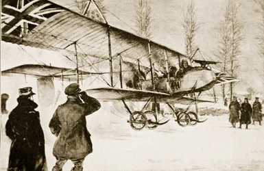 Bewaffneter britischer Doppeldecker startet vom Hauptquartier in der Nähe von Hollebeke, 1914-19