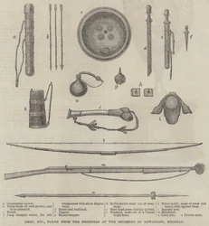 Waffen usw., die von den Bhutanesen bei der Erstürmung von Dewangiri, Bhutan, erbeutet wurden (Stich)