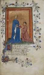 Thomas Hoccleve überreicht ein Buch an Prinz Heinrich von Lancaster, Illustration aus 