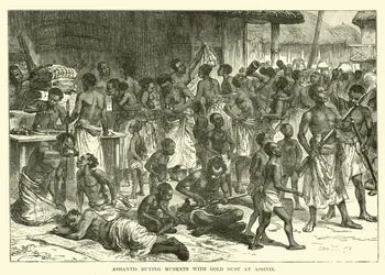 Ashantis kaufen Musketen mit Goldstaub in Assinie