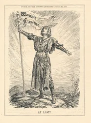 Endlich, Illustration einer weiblichen Kriegerin, die das Frauenwahlrecht feiert, Punch, 23. Januar