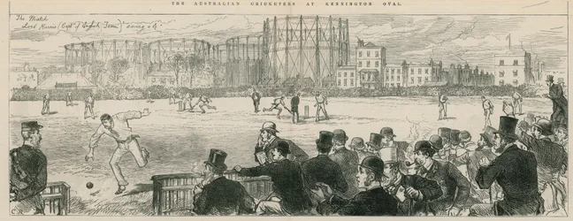 Australische Cricketspieler im Kennington Oval: Lord Harris (Kapitän des englischen Teams) rettet einen 4er
