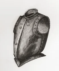 Rücken- und Brustpanzer, vorne öffnend, bekannt als der Weste-Brustpanzer, ca. 1580, aus The British Army: Its Origins, Progress and Equipment, veröffentlicht 1868.
