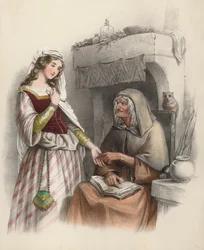 Schönes junges Mädchen besucht eine Hexe, um sich über die Zukunft beraten zu lassen