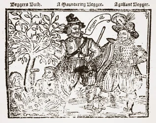 Bettler Aller: Bettlers Busch, ein wandernder Bettler und ein galanter Bettler, Titelseite von Das Lob, die Antike und der Nutzen des Bettelns, der Bettler und des Bettelns