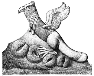 Vogel mit ausgebreiteten Flügeln und phallischem Schwanz, der auf vier Eiern sitzt, gallo-römische Skulptur aus Nîmes in Frankreich