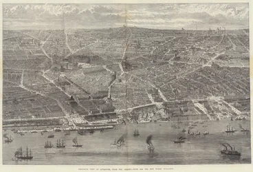 Vogelperspektive von Liverpool, vom Mersey aus, mit allen neuen öffentlichen Gebäuden