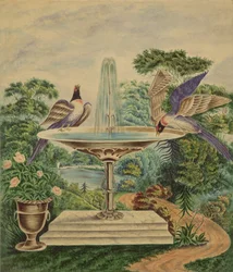 Vögel in einem Brunnen in einem Landschaftspark, ca. 1840