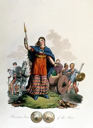 Boudicca, Königin der Iceni, entworfen von C.H.S., graviert von Richard Havell dem Älteren, veröffentlicht 1815 (Aquatinta)