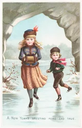Junge und Mädchen beim Schlittschuhlaufen, Neujahrskarte