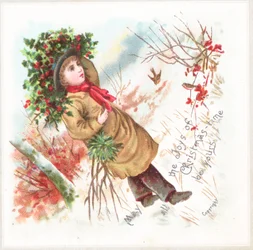 Junge trägt Stechpalme, Weihnachtskarte