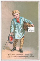 Junge liefert Geschenkkorb, Weihnachtskarte