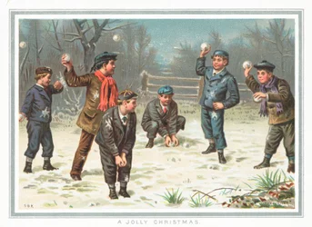 Jungen machen eine Schneeballschlacht, Weihnachtskarte