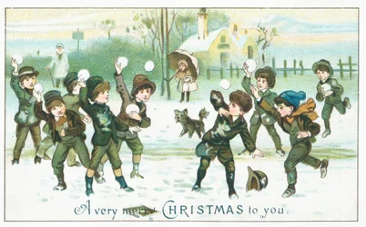 Jungen haben eine Schneeballschlacht, Weihnachtskarte