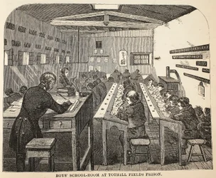 Schulraum für Jungen im Tothill Fields Prison, Illustration aus The Criminal Prisons of London and Scenes from Prison Life von Henry Mayhew und John Binny, veröffentlicht 1862
